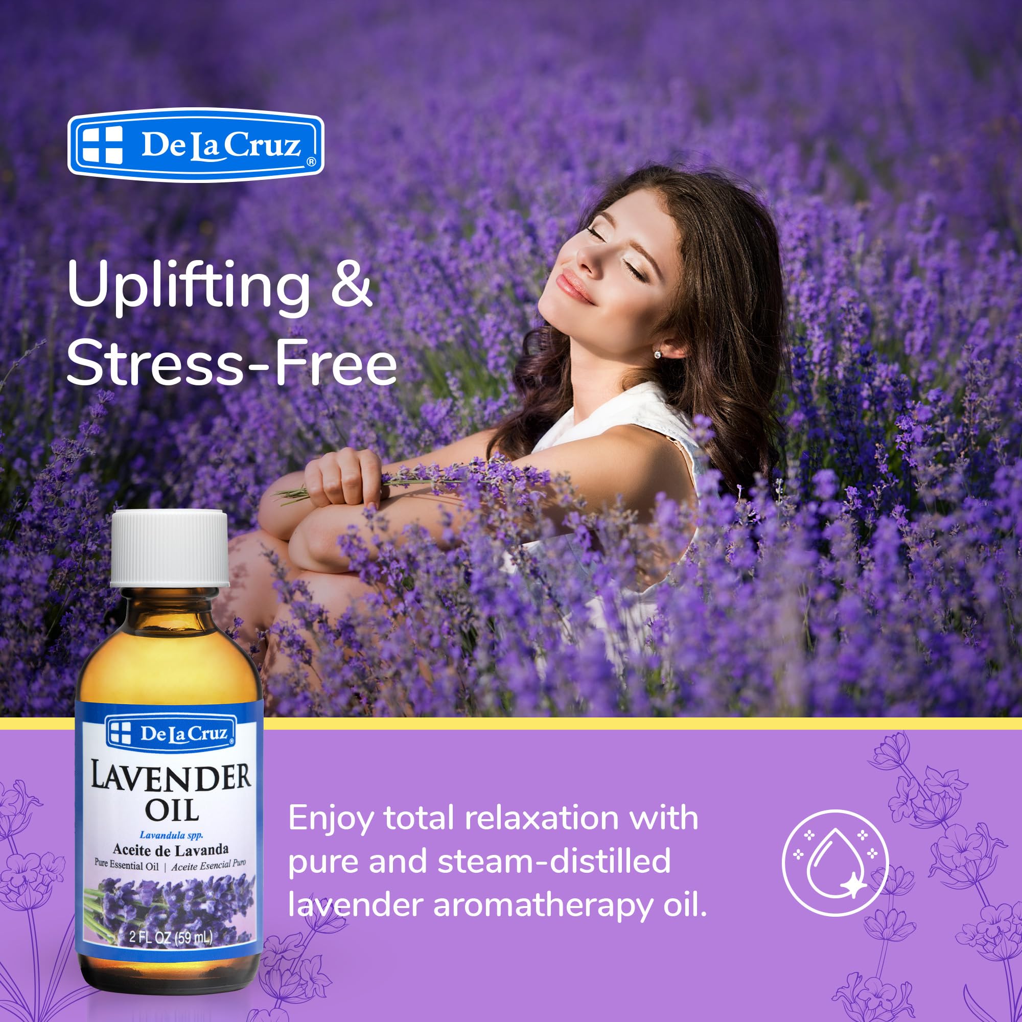 De La Cruz Aceite Lavanda destilación al vapor para una fragancia limpia.