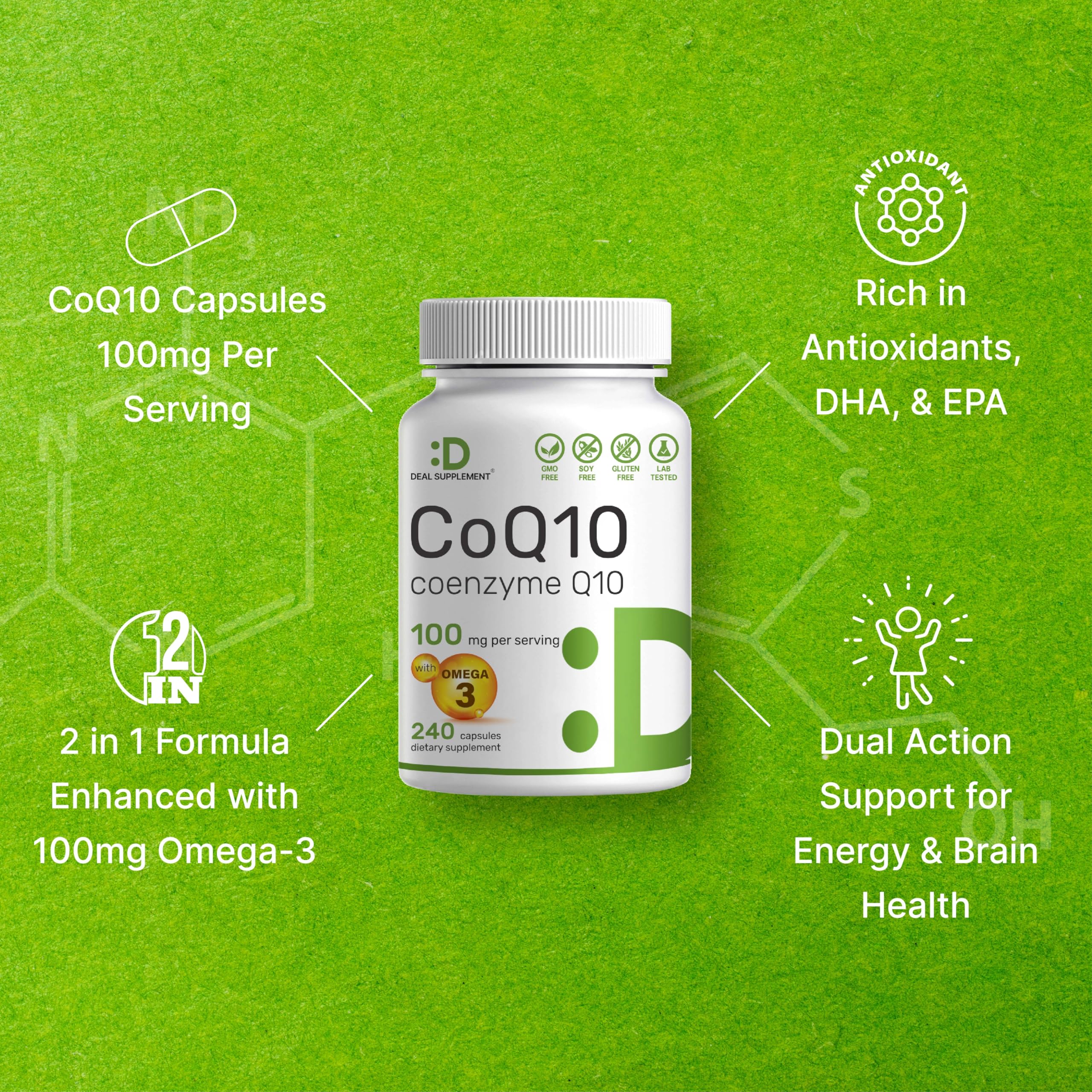 DEAL SUPPLEMENT CoQ10 Omega 3 etiqueta trasera: ingredientes y uso recomendado.