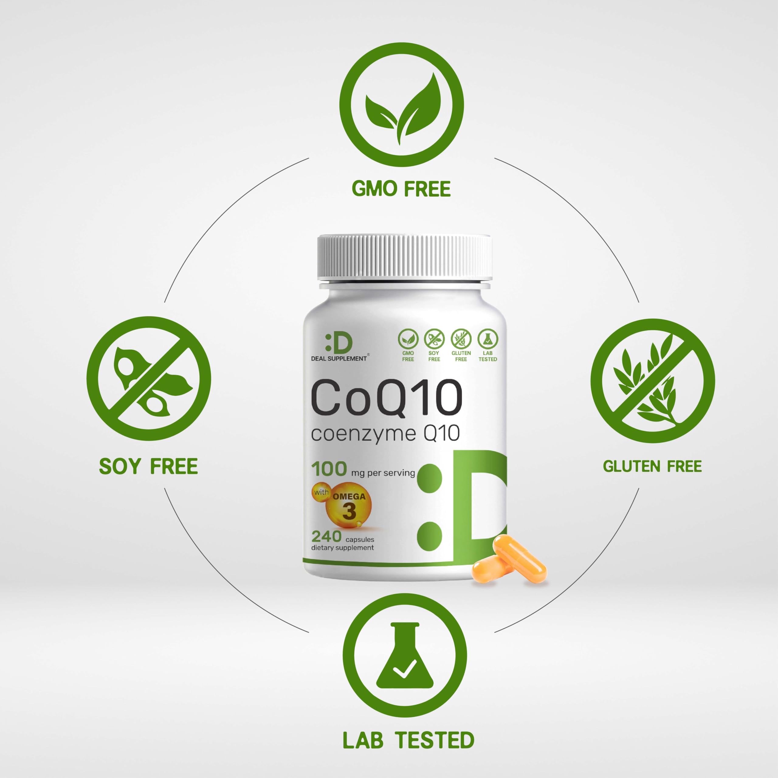 DEAL SUPPLEMENT CoQ10 Omega 3 etiqueta frente: informacion clara del producto.