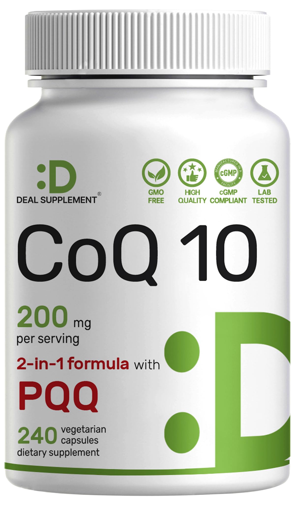 Cápsulas veganas CoQ10 PQQ de DEAL SUPPLEMENT para soporte antioxidante diario.