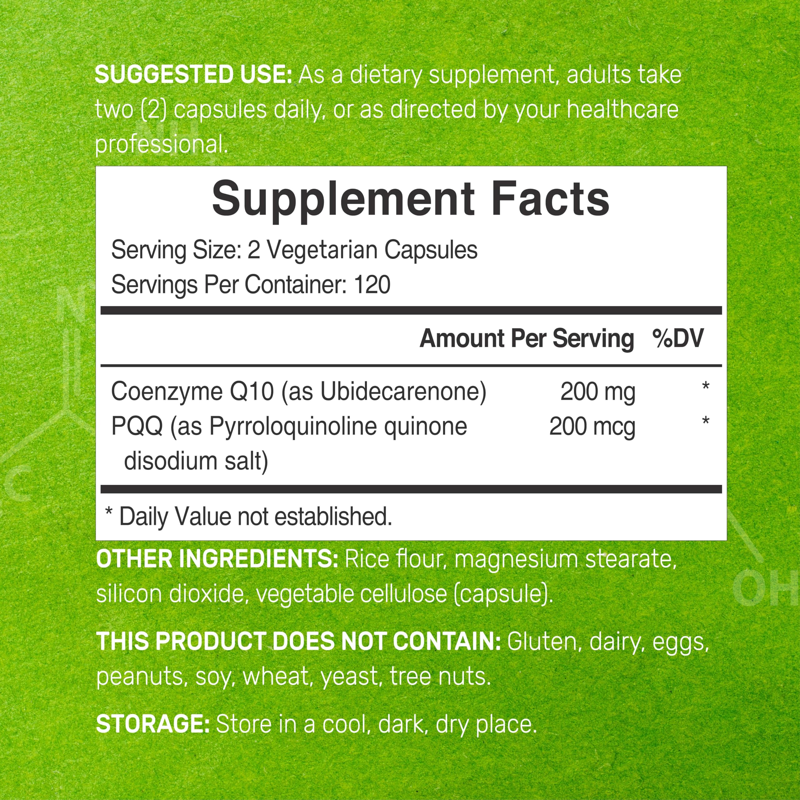 Etiqueta del producto DEAL SUPPLEMENT CoQ10 con PQQ para transparencia de ingredientes.