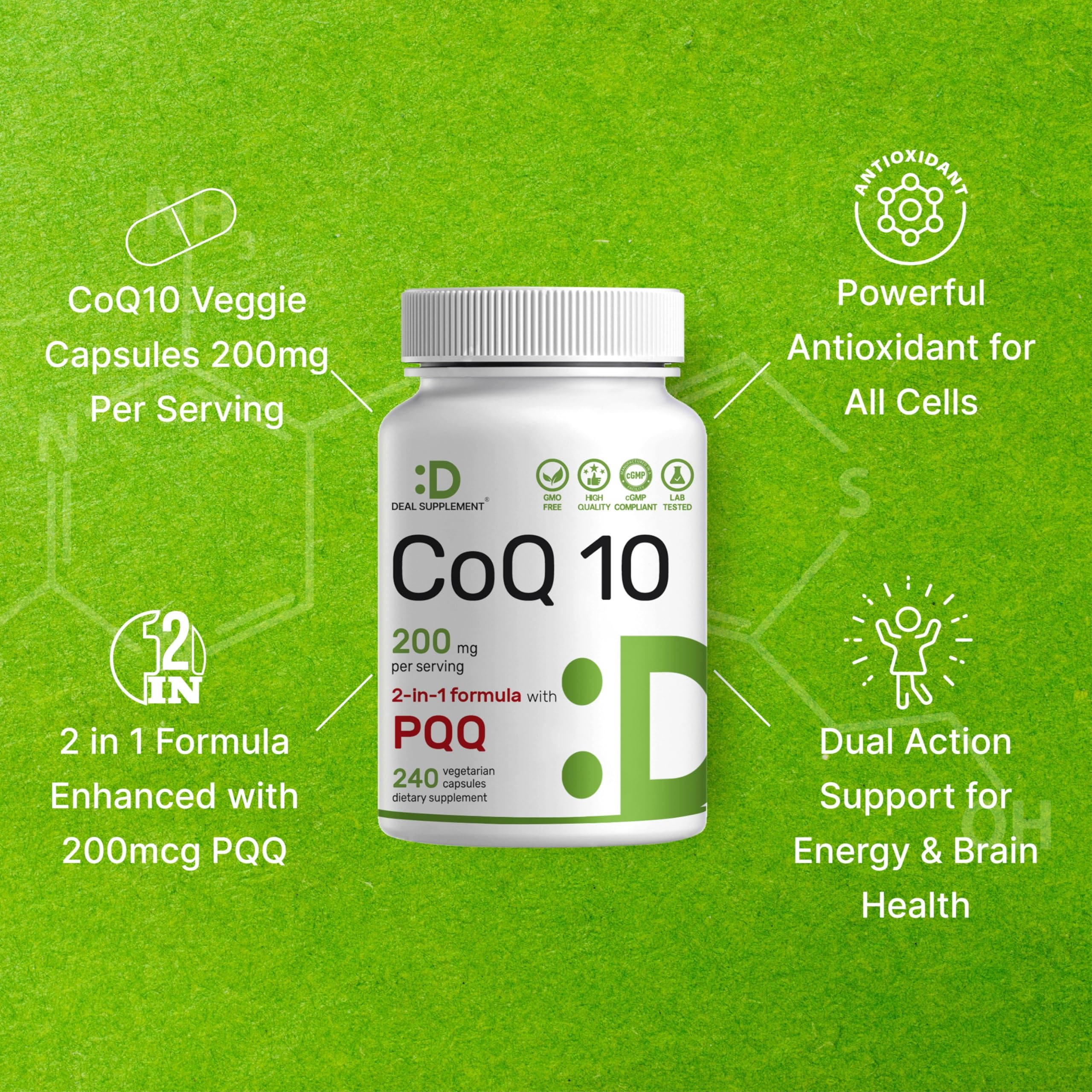 Frasco de 240 cápsulas DEAL SUPPLEMENT CoQ10 PQQ con suministro de 120 días.