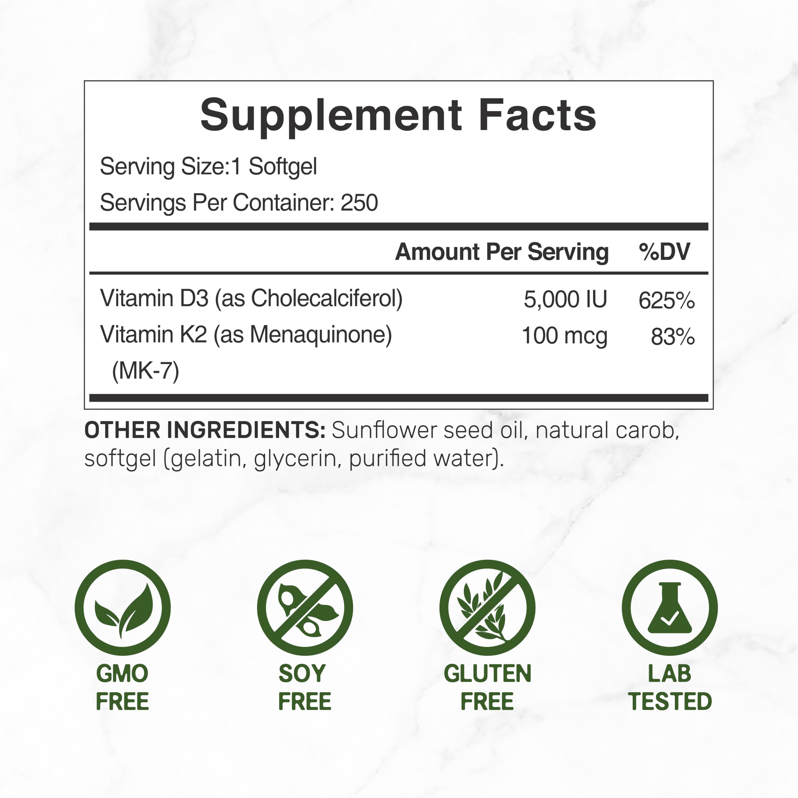 DEAL SUPPLEMENT D3K2 etiqueta-botella: etiqueta clara con dosis visibles.