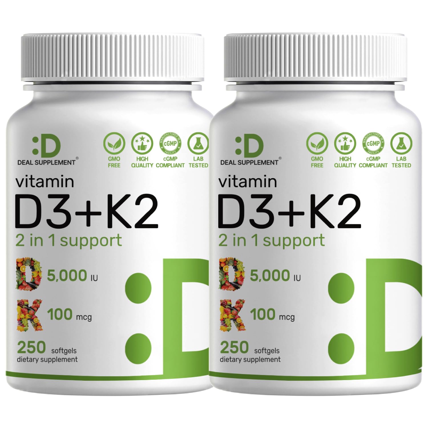 DEAL SUPPLEMENT D3K2 minisoftgel-frente: frasco compacto y cápsulas fáciles de tragar.