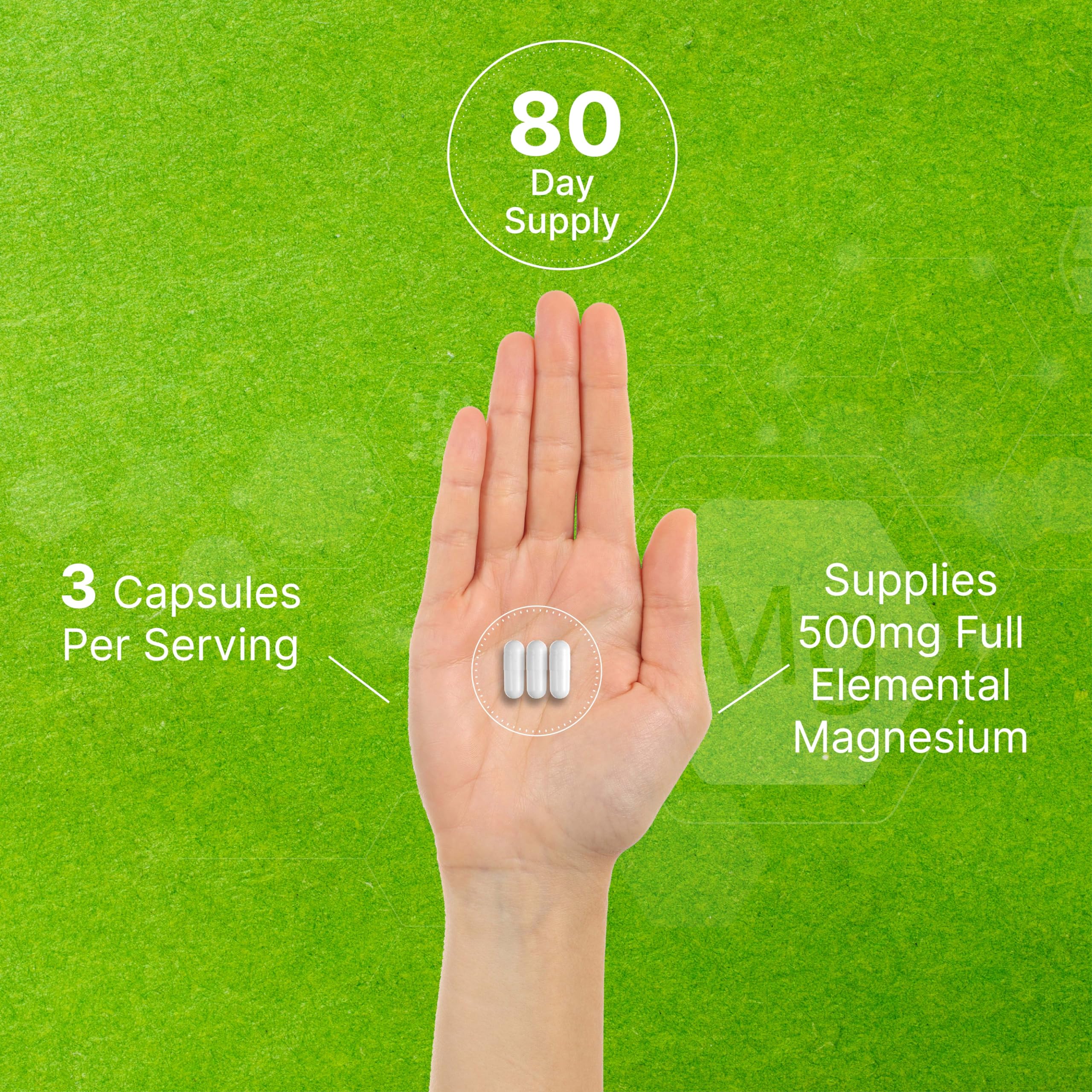 Dosis diaria de tres cápsulas para obtener 500 mg de magnesio elemental.