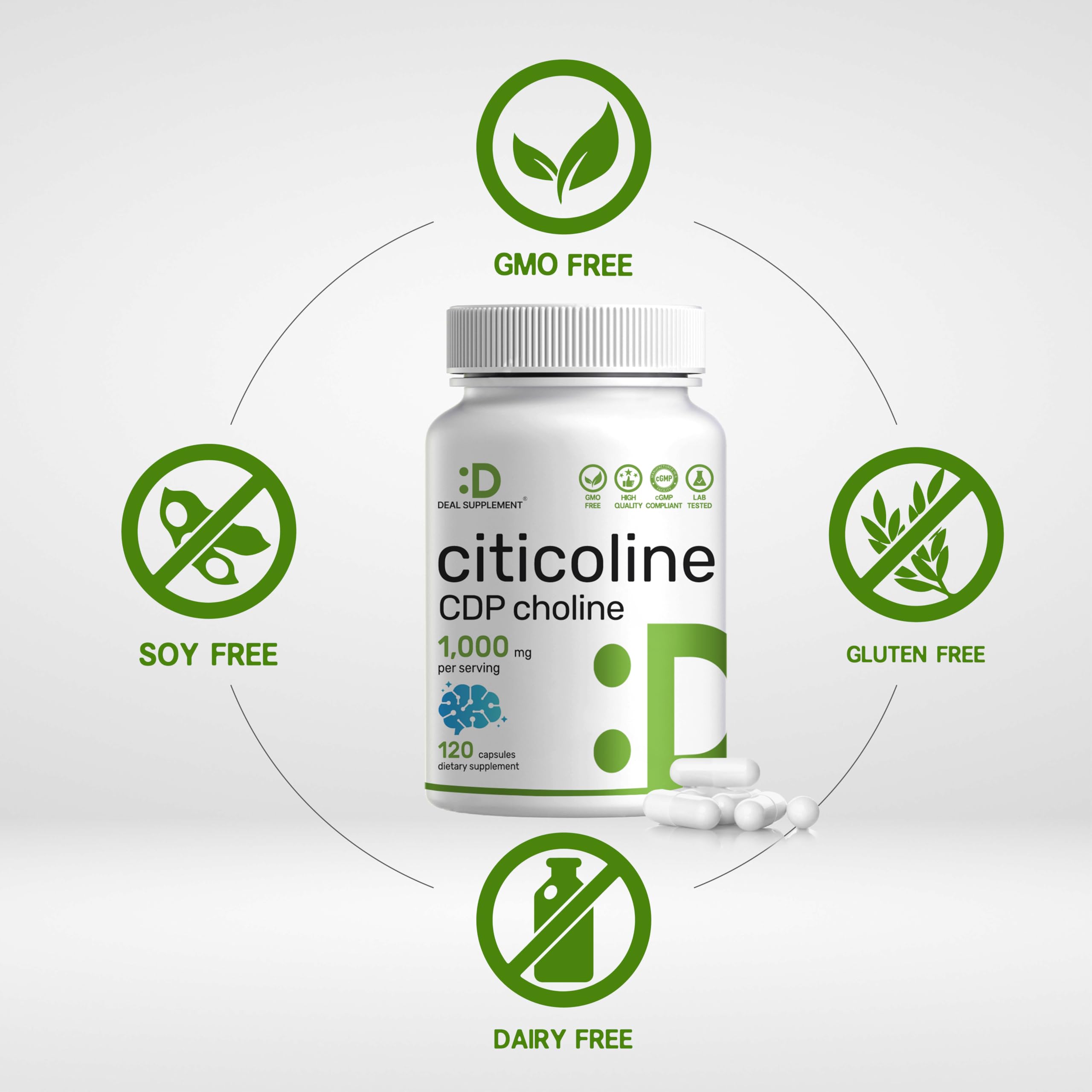 Citicolina DEAL SUPPLEMENT: etiqueta clara con dosis y uso diario