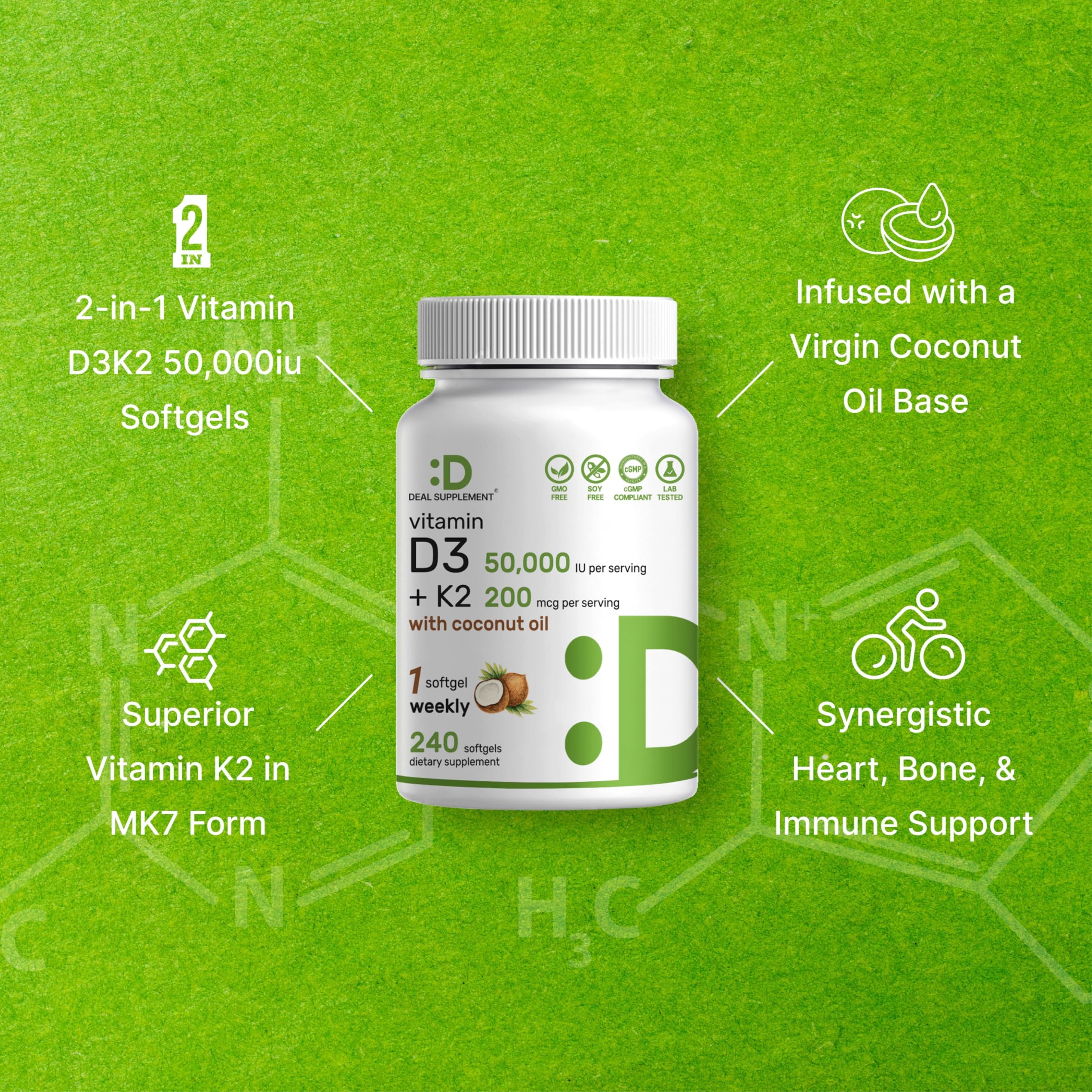 DEAL SUPPLEMENT Frontal del frasco, etiqueta clara con beneficios clave