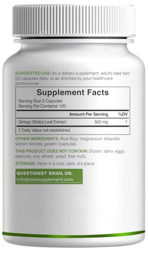 DEAL SUPPLEMENT Ginkgo Biloba, etiqueta clara con información de extracción y dosis.