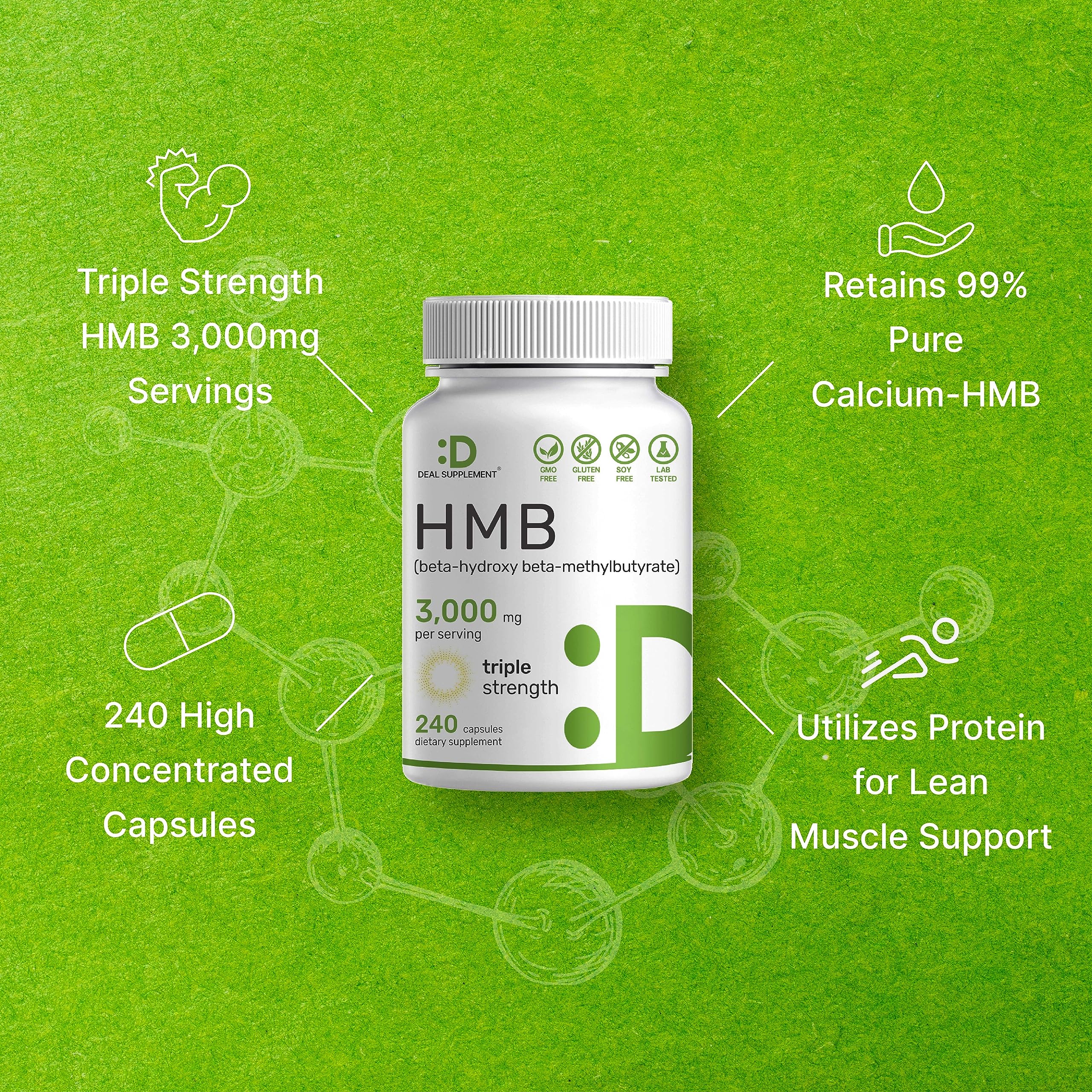 DEAL SUPPLEMENT HMB etiqueta frontal sin gluten ni lactosa.