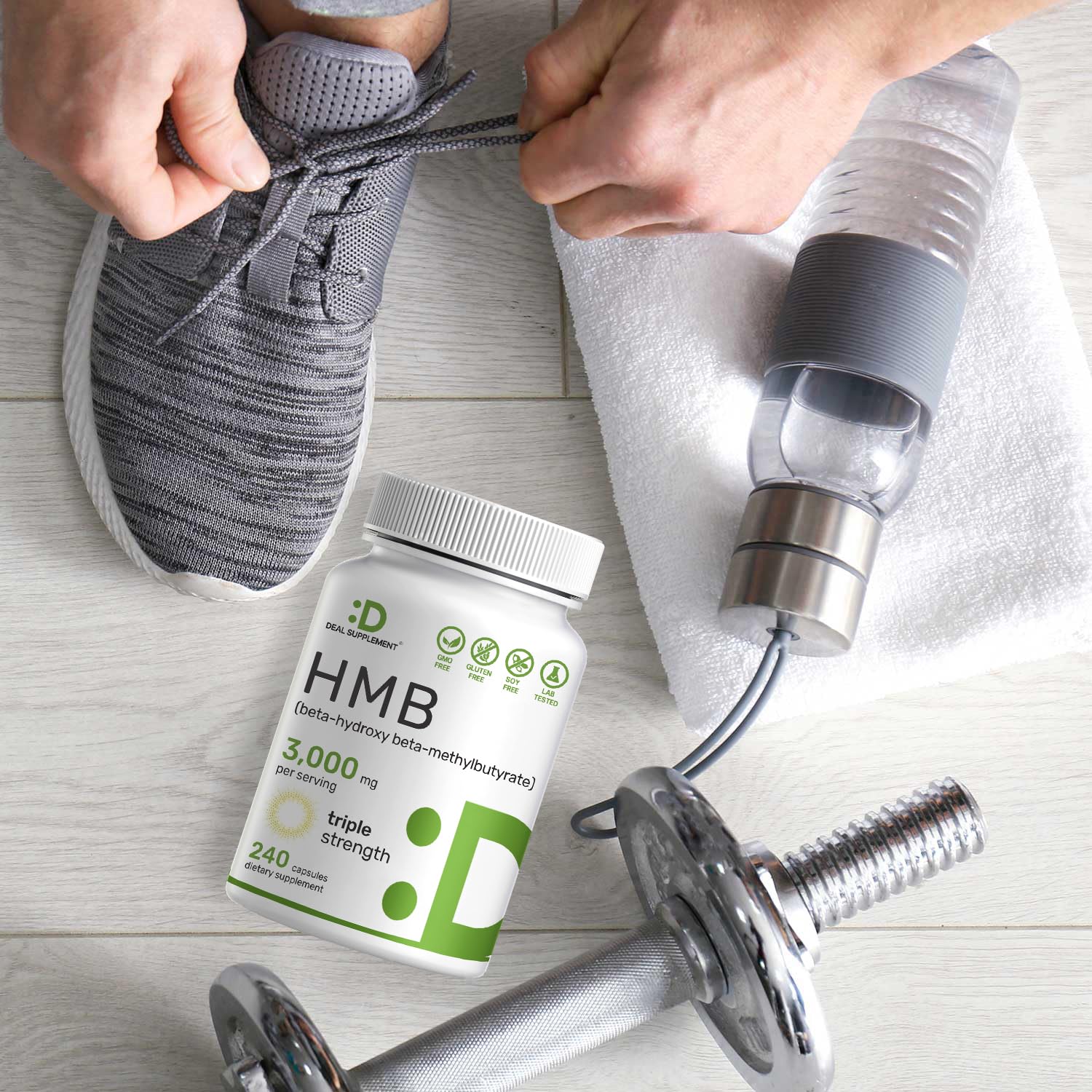 DEAL SUPPLEMENT HMB pre-entrenamiento, dosis de 3,000 mg por porción.