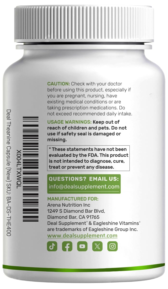 DEAL SUPPLEMENT L-Theanine 400 mg, interior: cápsulas fáciles de tragar.