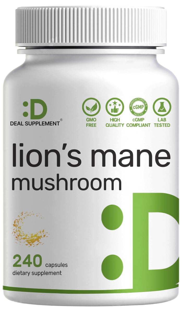 Deal Supplement Lions Mane cápsulas en botella para apoyo diario de concentración.