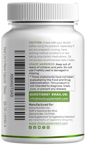 Deal Supplement Lions Mane etiqueta frontal clara para transparencia de ingredientes.