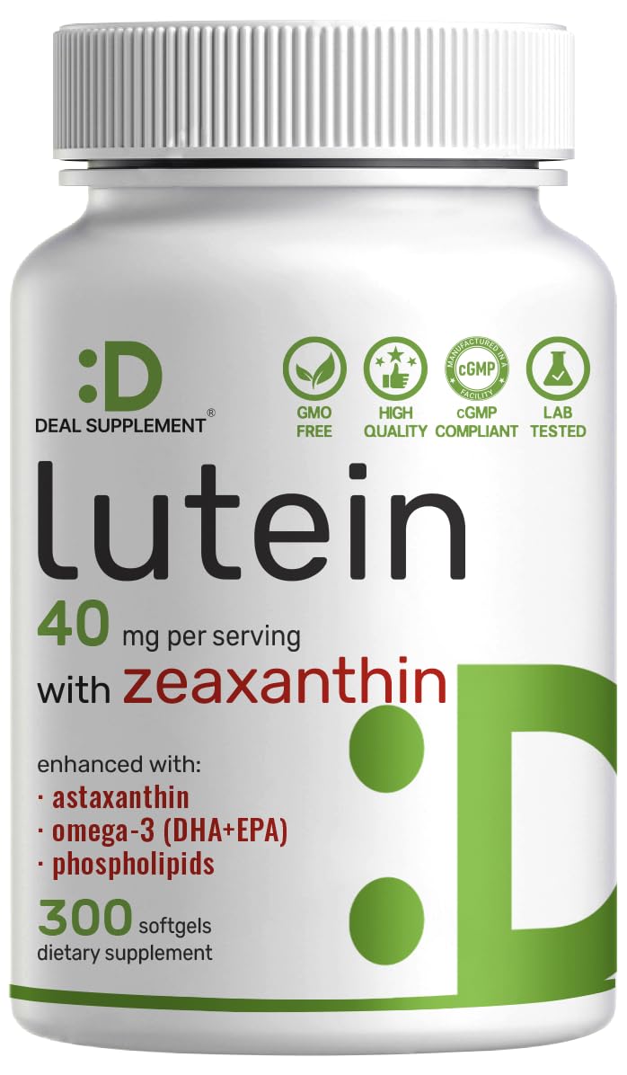 Botella de DEAL SUPPLEMENT con cápsulas de luteína y zeaxantina para apoyo visual diario.