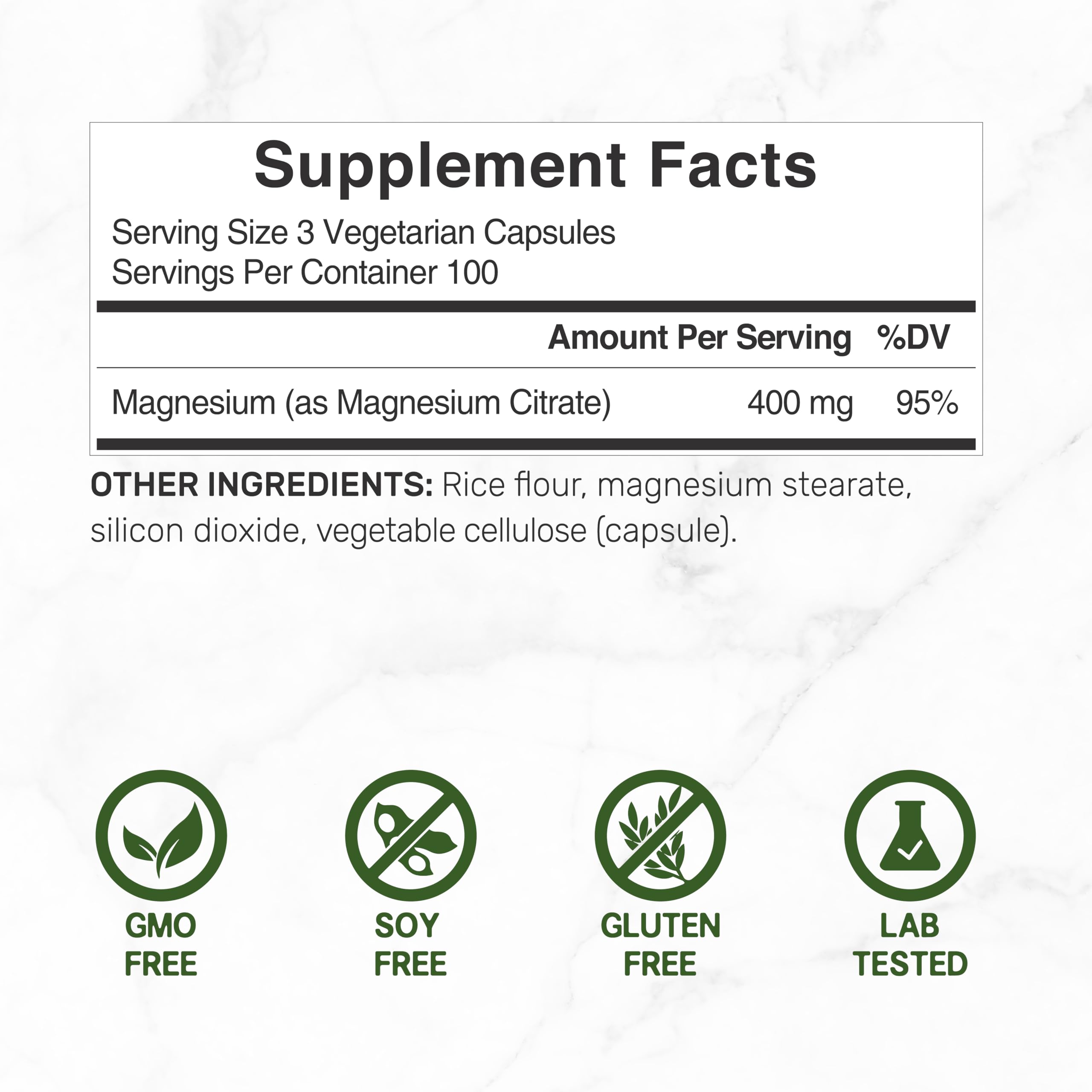 DEAL SUPPLEMENT Magnesio Citrato 400 mg, cápsulas dentro de la botella; fácil acceso.