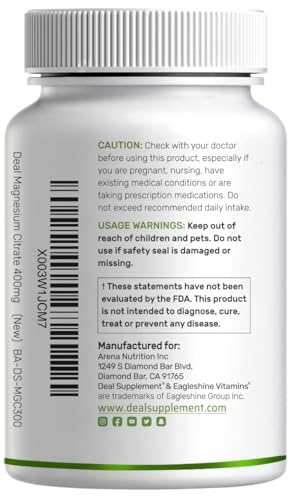 DEAL SUPPLEMENT Magnesio Citrato 400 mg, cápsulas vegetarianas; posible apoyo muscular.