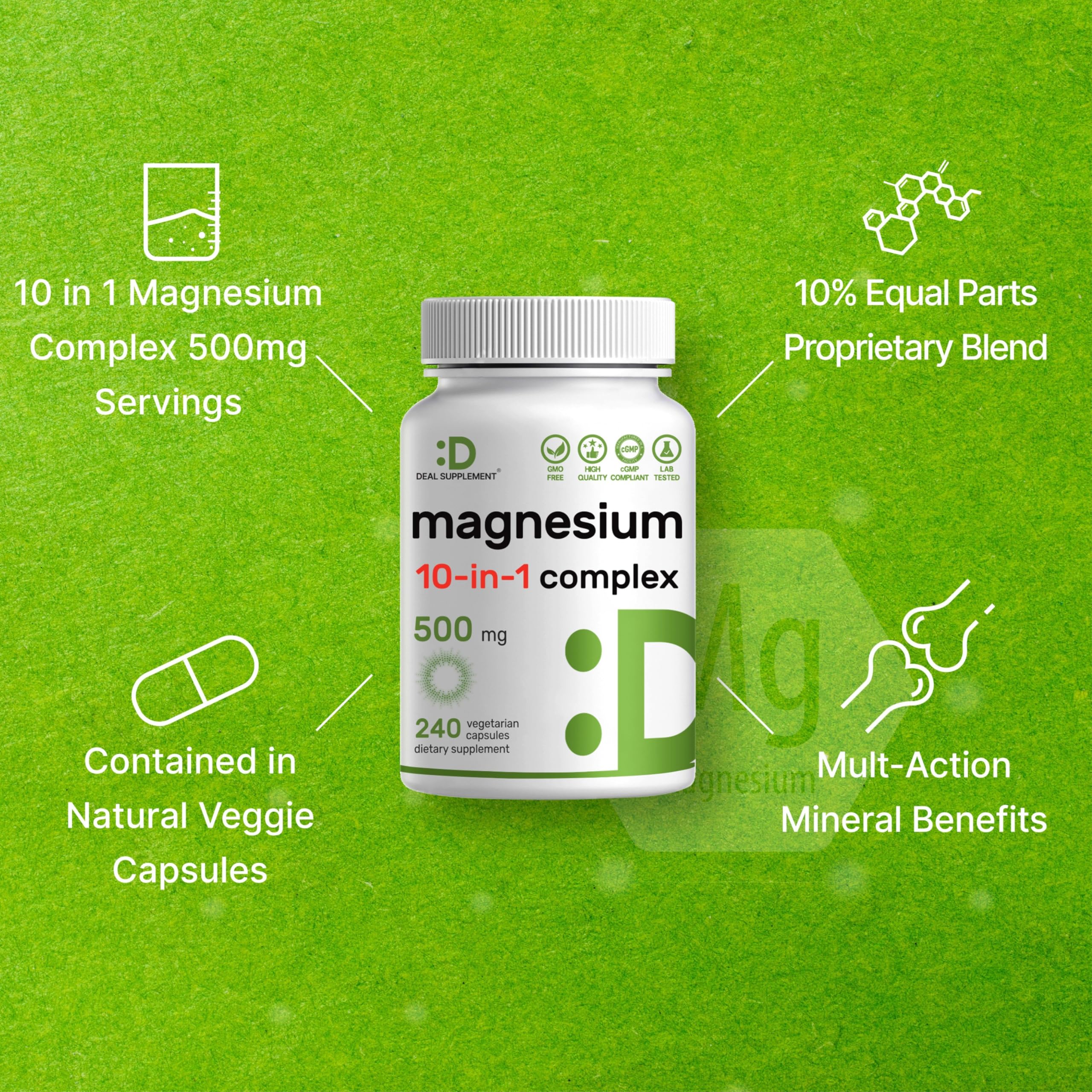 Cápsulas vegetales de DEAL SUPPLEMENT Magnesium Complex, fáciles de tragar.