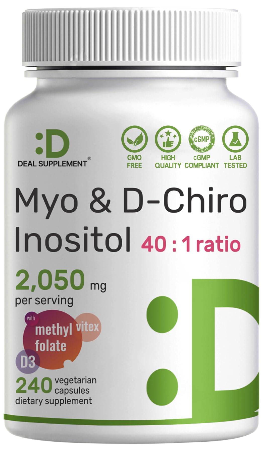 DEAL SUPPLEMENT Myo-Inositol y D-Chiro Inositol, botella para equilibrio hormonal diario.
