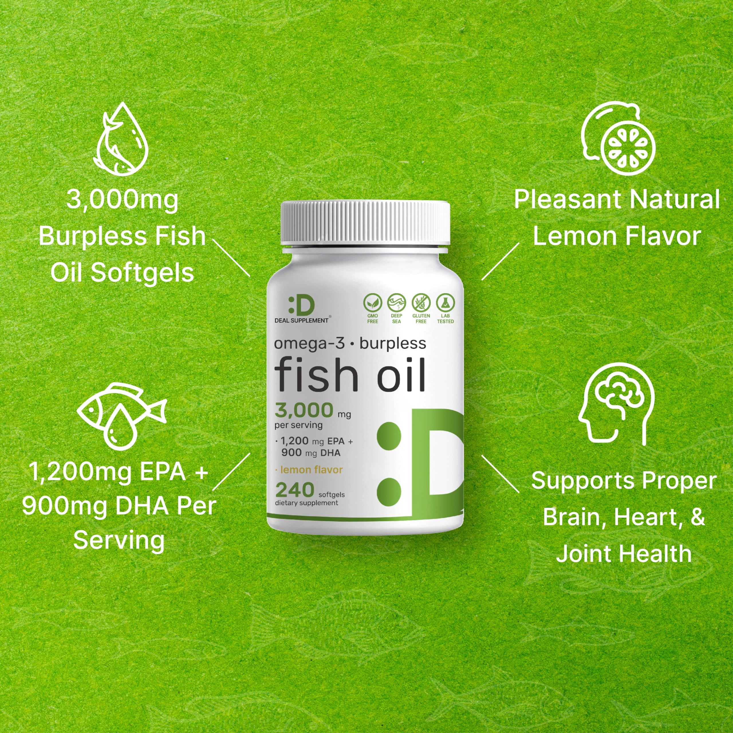 DEAL SUPPLEMENT Omega 3: etiqueta clara con EPA y DHA de alta potencia.