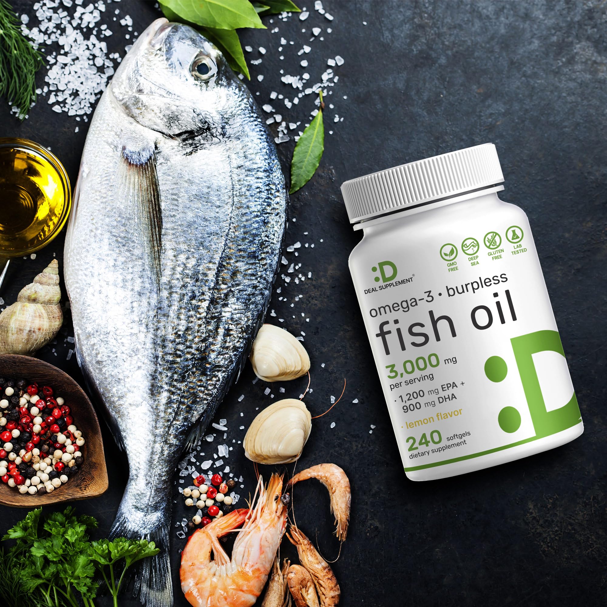 DEAL SUPPLEMENT Omega 3: ingredientes no GMO y sin alérgenos comunes.
