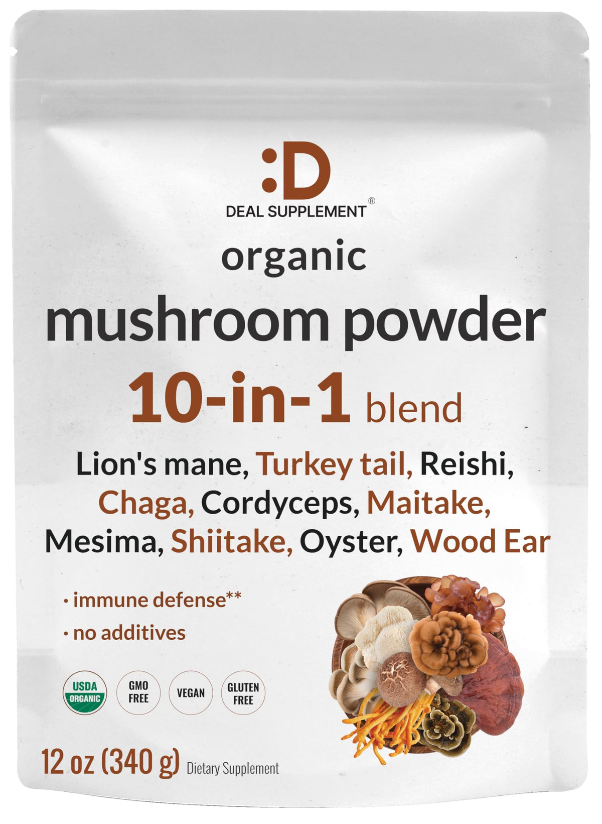 DEAL SUPPLEMENT Polvo de hongos orgánicos en envase de 12oz, apoyo a inmunidad y energía