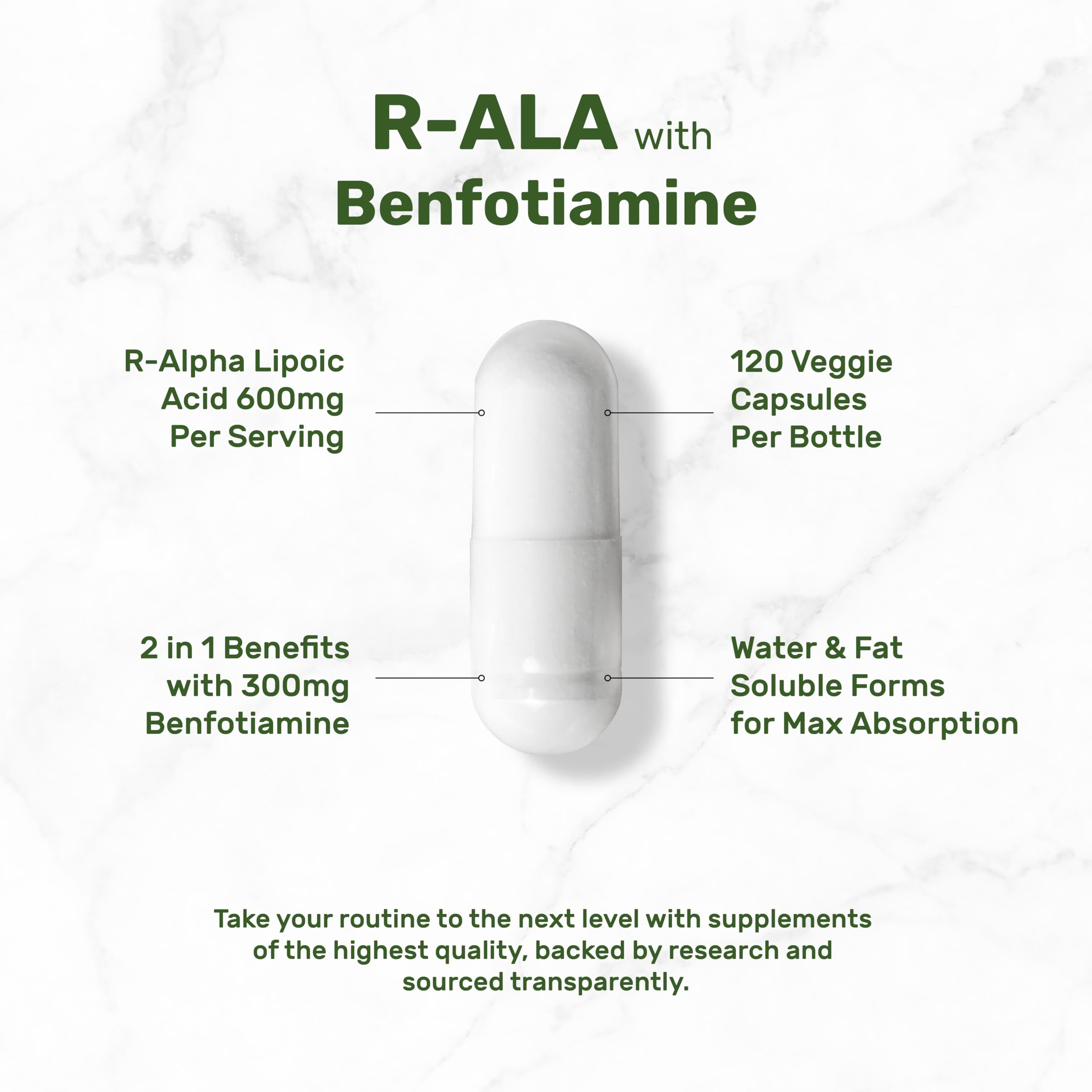 DEAL SUPPLEMENT R-ALA dosis por porción destacando tres cápsulas para absorción