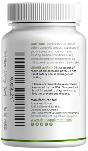 DEAL SUPPLEMENT Botella de 500 cápsulas para suministro prolongado de vitamina A.