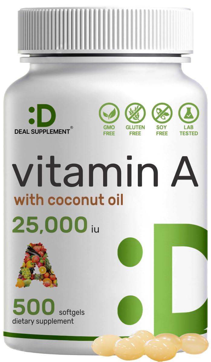DEAL SUPPLEMENT Vitamina A alta potencia en cápsulas blandas con aceite de coco para absorción óptima.
