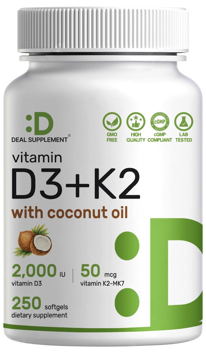 DEAL SUPPLEMENT Vitamina D3 + K2 MK7, botella visible, posible apoyo a la absorción de calcio.