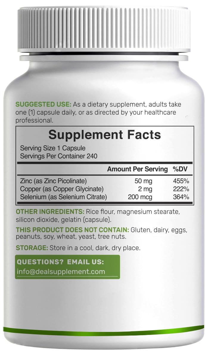 Deal Supplement Zinc 50 mg embalaje: detalles de ingredientes y seguridad.
