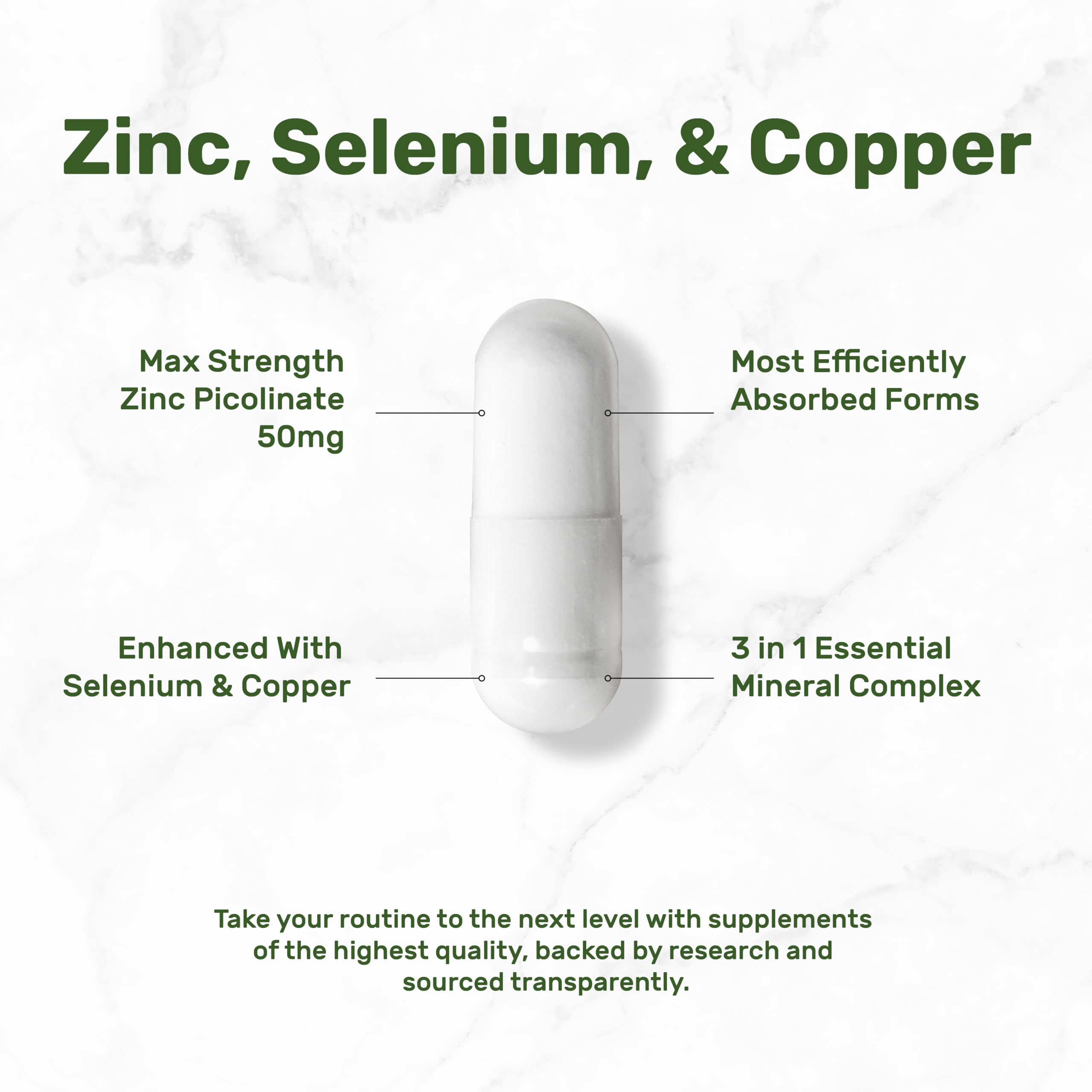 Deal Supplement Zinc 50 mg etiqueta del frasco: información clara de la composición y usos.