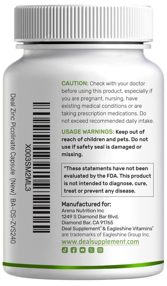 Deal Supplement Zinc 50 mg ingredientes: zinc, selenio y cobre en forma biodisponible.