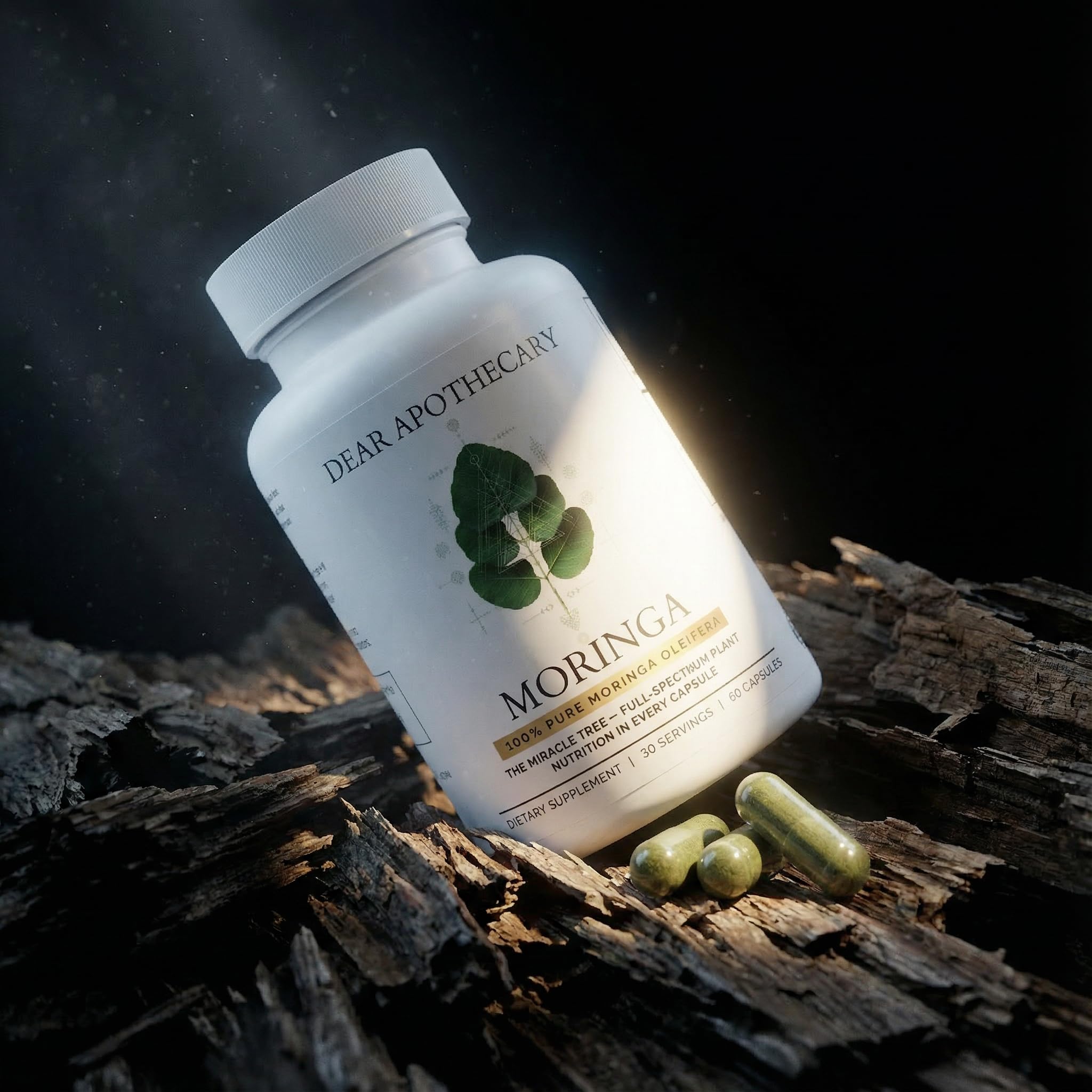 Dear Apothecary Moringa, etiqueta de calidad y control GMP.