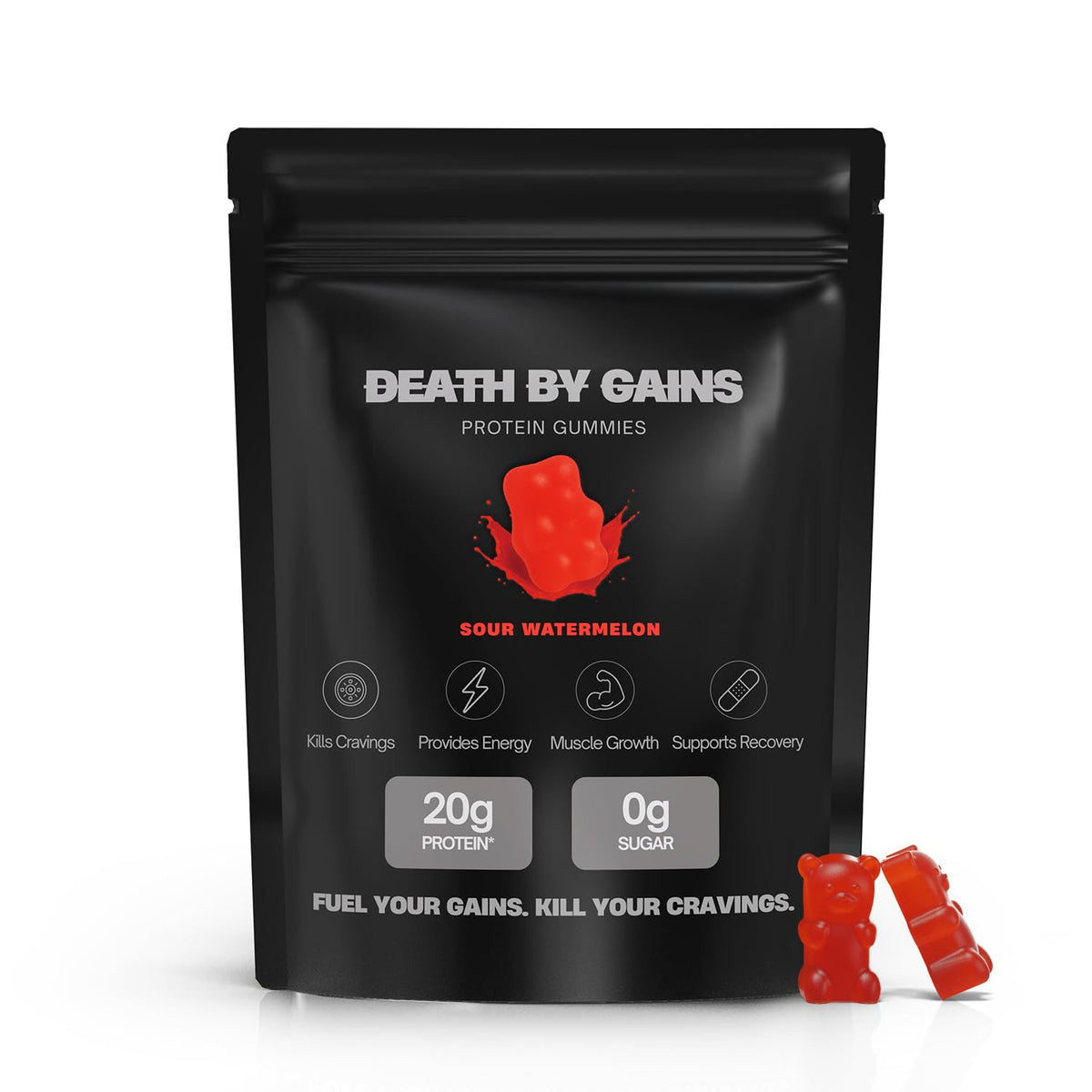 Death by Gains gomitas proteina sabor sandía ácida en envase práctico para snack