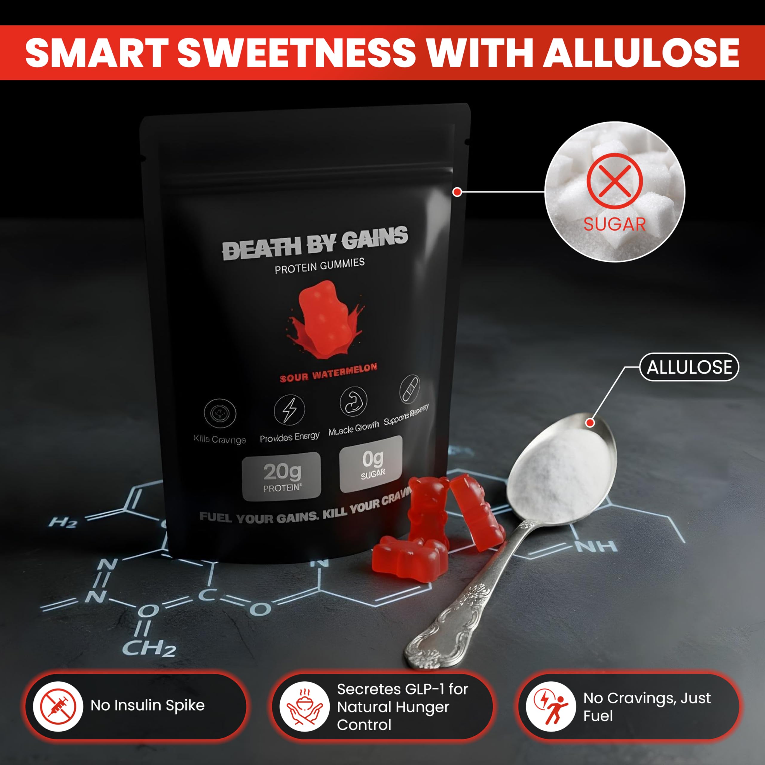 Death by Gains gomitas proteína sandía ácida textura gomosa agradable