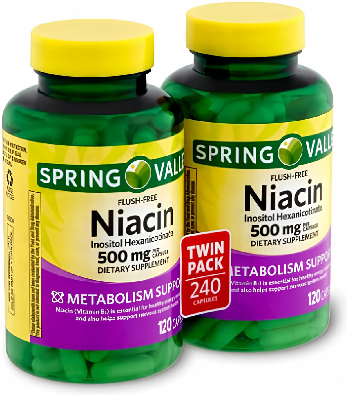 Decatela Spring Valley Niacina envase visible, apoyo al metabolismo para uso diario.