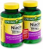 Decatela Spring Valley Niacina envase visible, apoyo al metabolismo para uso diario.