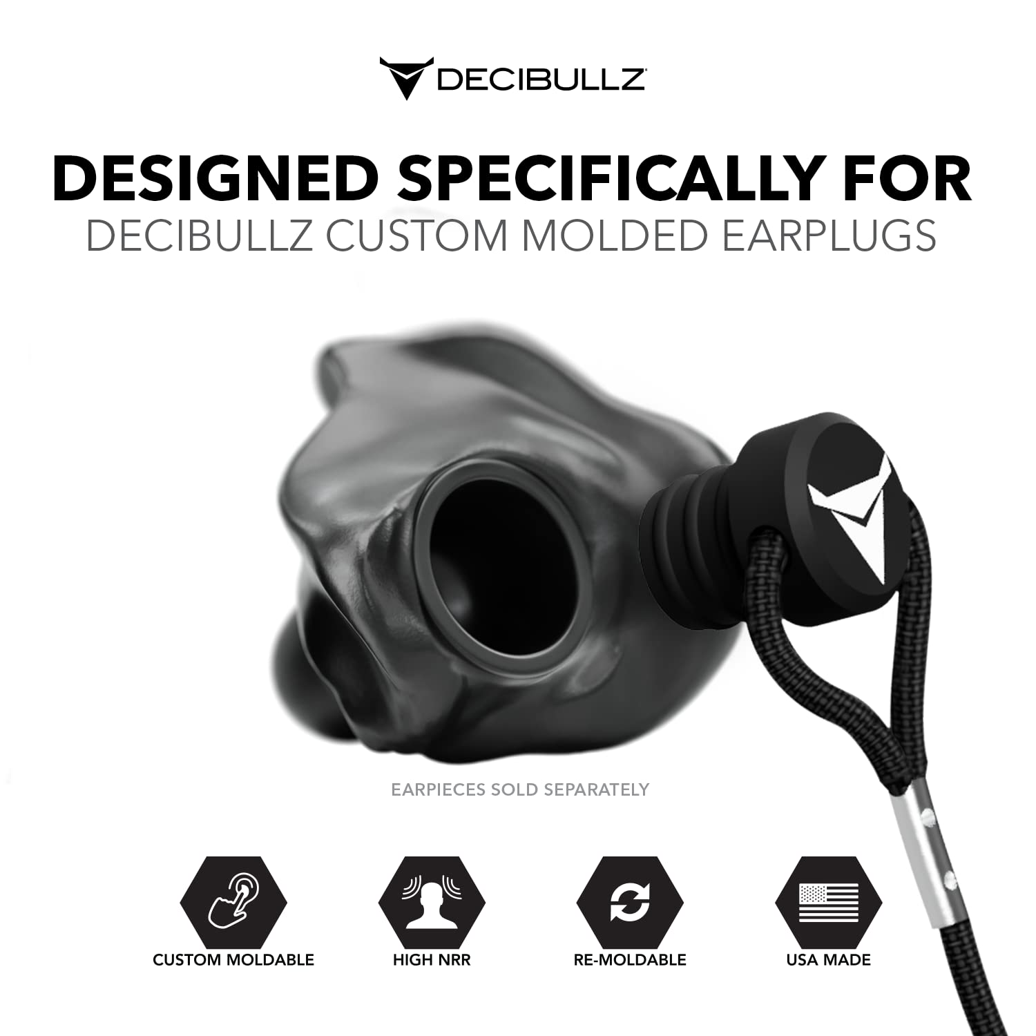 Tapón Decibullz con cordón ergonómico, cómodo para uso diario y trabajo.