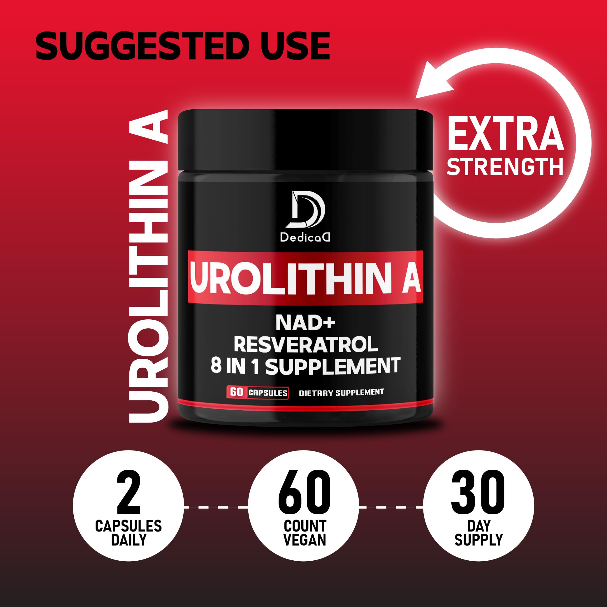 DEDICAD Urolitina A 1000 mg, frasco en mesa listo para consumo diario
