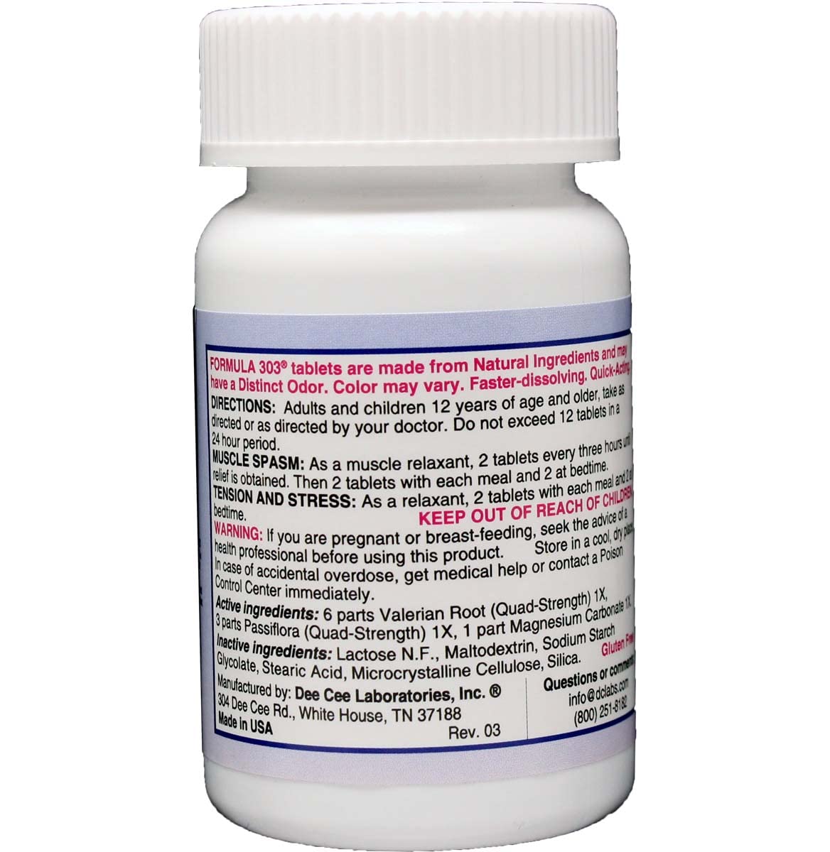 Dee Cee Labs Formula 303: ingredientes valeriana y magnesio para calma