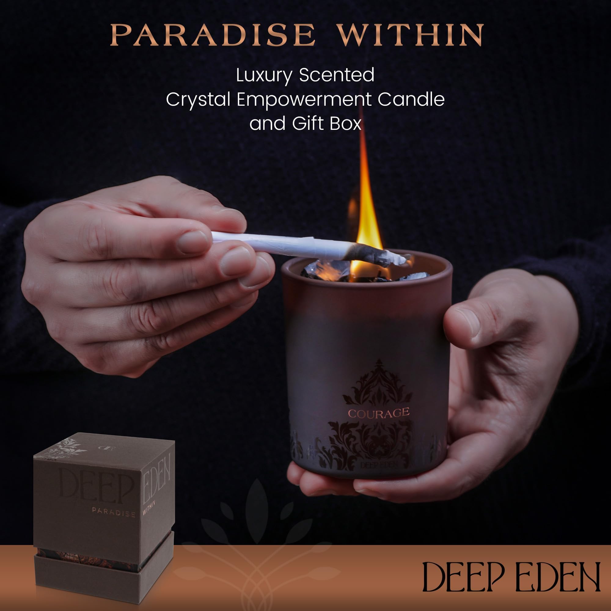 Cristales de turmalina negra junto a la vela Deep Eden para enfoque.