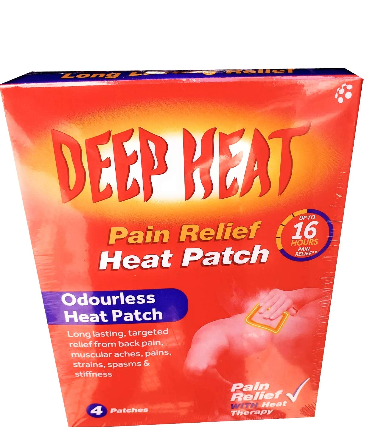 Parche Deep Heat, aplicación fácil y adhesivo cómodo sobre piel limpia.