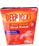 Parche Deep Heat, aplicación fácil y adhesivo cómodo sobre piel limpia.