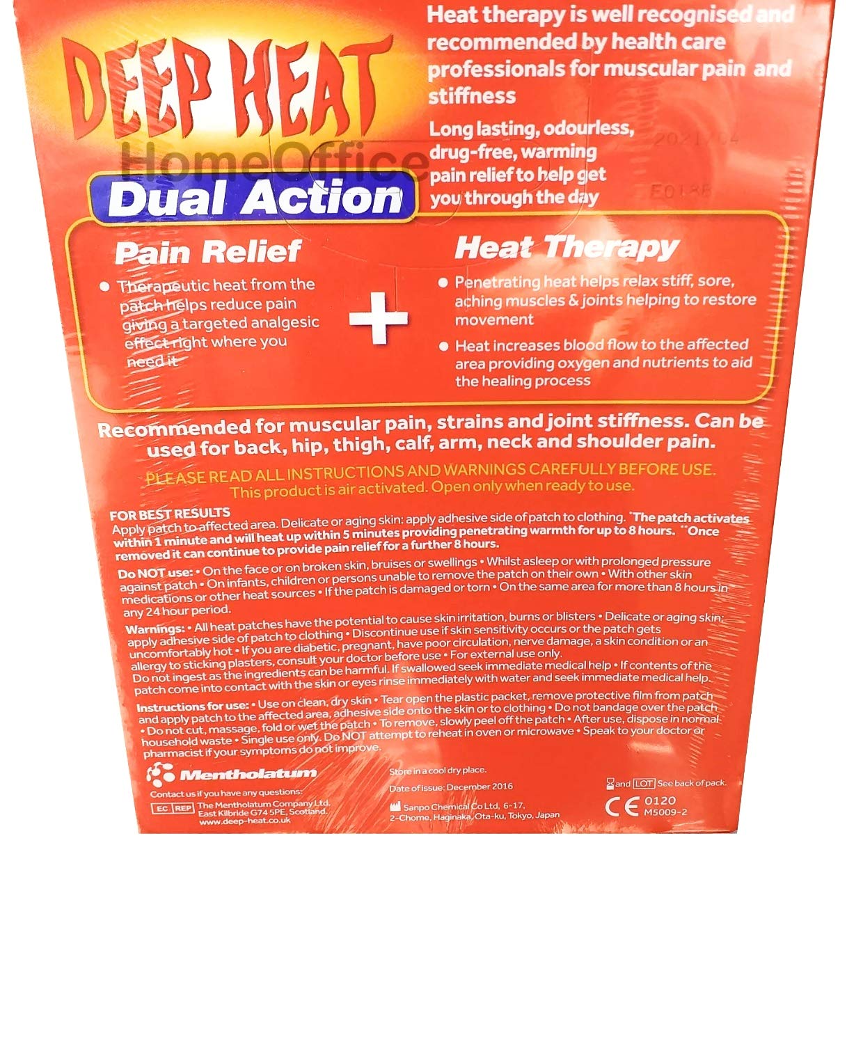 Parche Deep Heat con calor continuo hasta ocho horas para áreas afectadas.