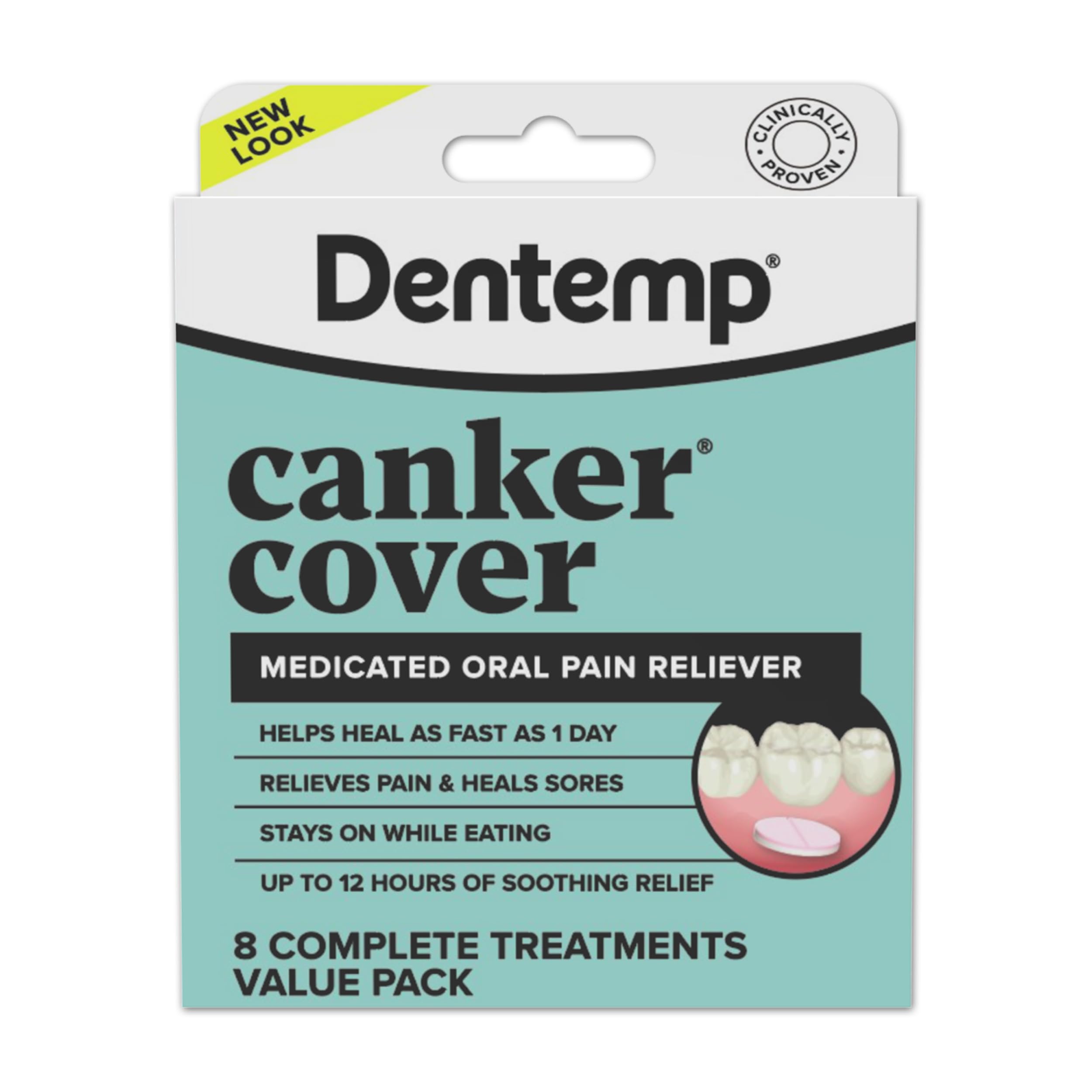 Dentemp Canker Cover banda gel transparente que protege la llaga bucal.