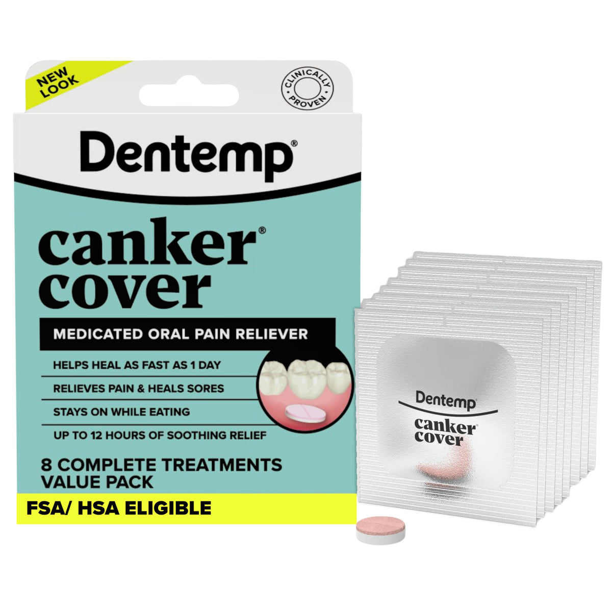 Dentemp Canker Cover parche mentolado para alivio rápido del dolor de aftas.