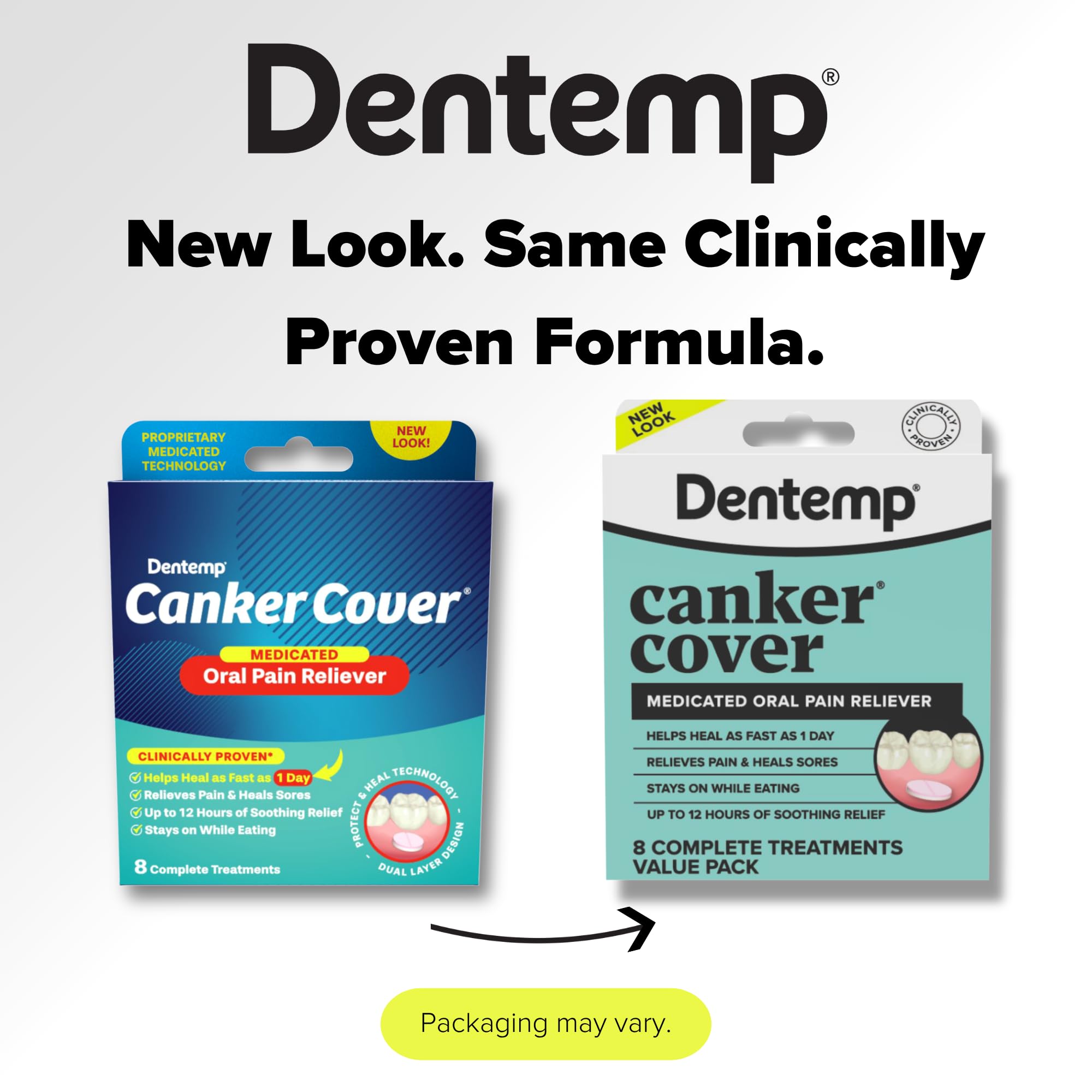 Dentemp Canker Cover tableta de 12 horas para alivio prolongado de aftas.