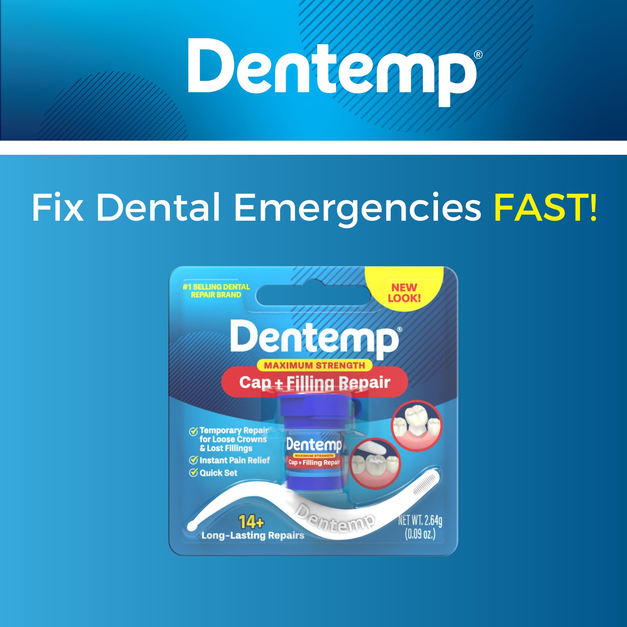 Dentemp masa de relleno dental lista para reparar tapas o pérdidas.