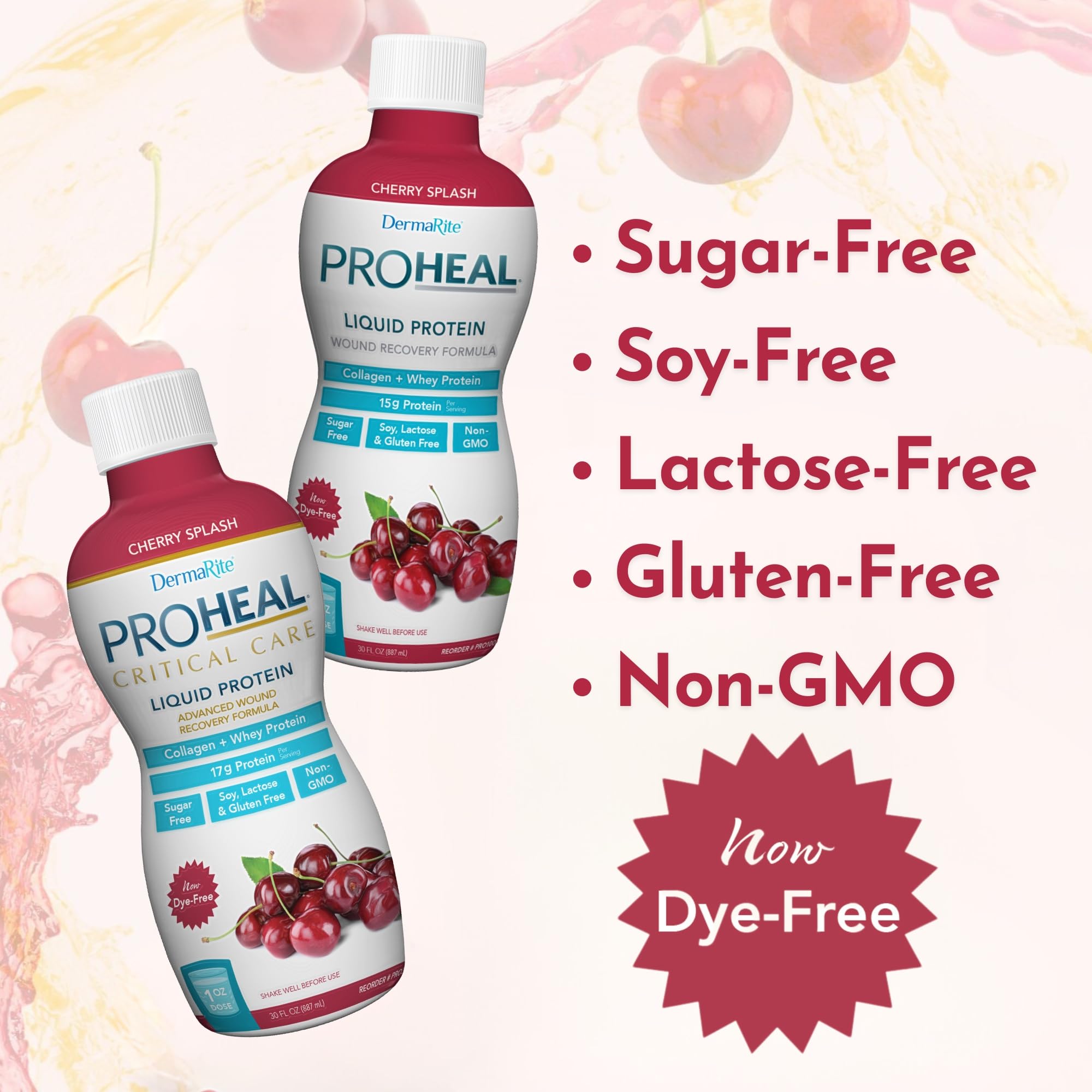 DermaRite ProHeal etiqueta nutricional con 15 g de proteína por porción.