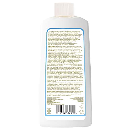 Desert Essence Enjuague Bucal con aceite de coco y árbol de té, aroma natural.